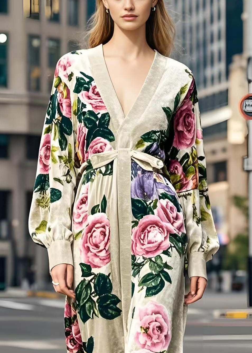 Apricot V Neck Print Silk Velour Dress Spring