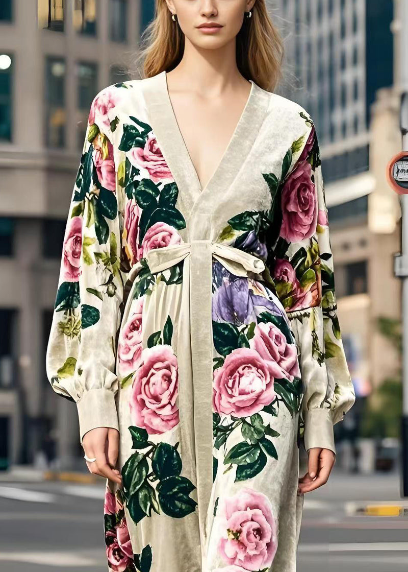 Apricot V Neck Print Silk Velour Dress Spring