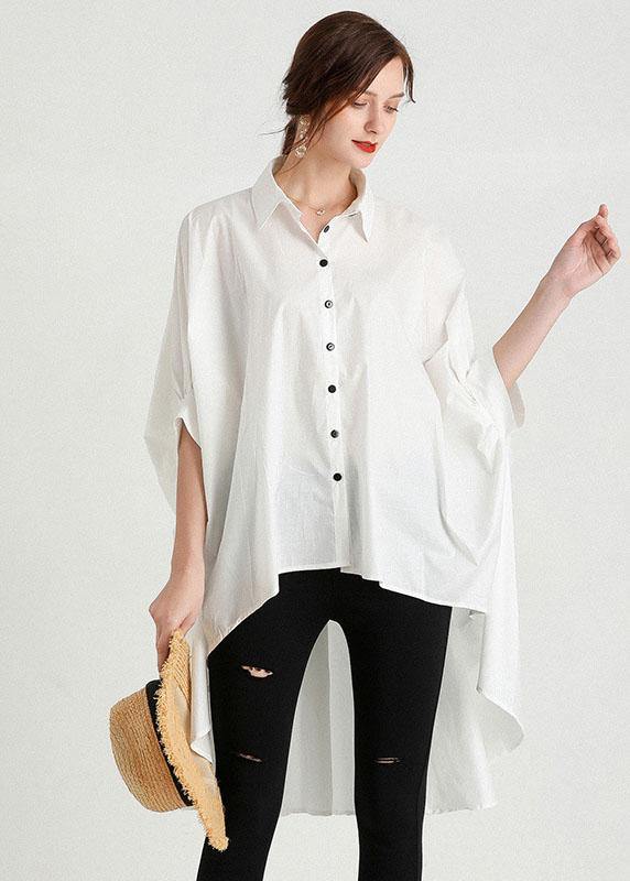 Style White Peterpan Collar Asymmetrical Design Summer Cotton Shirt Top Half Sleeve