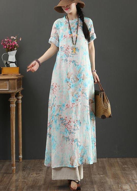 Comfy Blue Print Linen Short Sleeve Summer Vacation Dresses