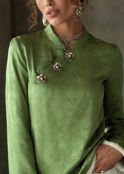 Chinese Style Green Stand Collar Patchwork Button Thick Silk Cotton Top Spring