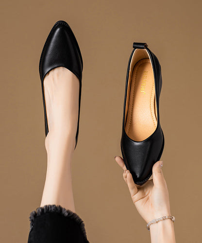 Chunky Heel Beige Cowhide Leather Pointed Toe