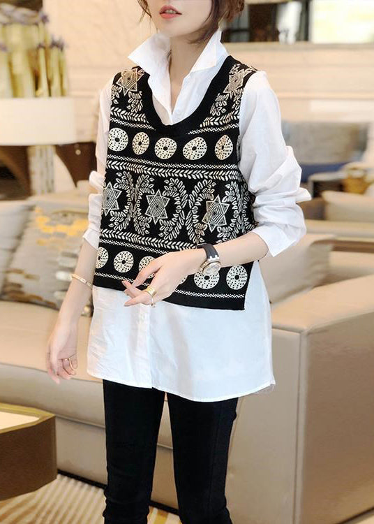 Black Knit Vest and White Shirts Two Pieces Set Fall