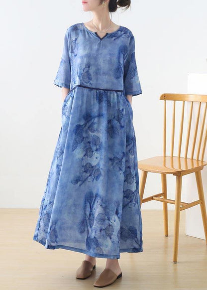 Blue Print Pockets Holiday Summer Linen Dress