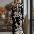 Comstylish Women's Halloween Dark Gothic Rose Skeleton Velvet Round Neck Maxi Dress