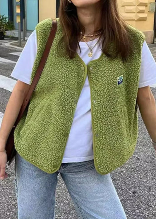 Green O Neck Faux Fur Vest Sleeveless