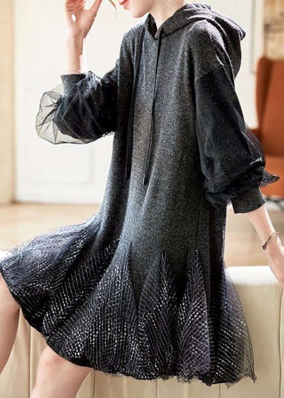 Grey Tie Lace Tulle Patchwork Hooded Mid Dress Spring