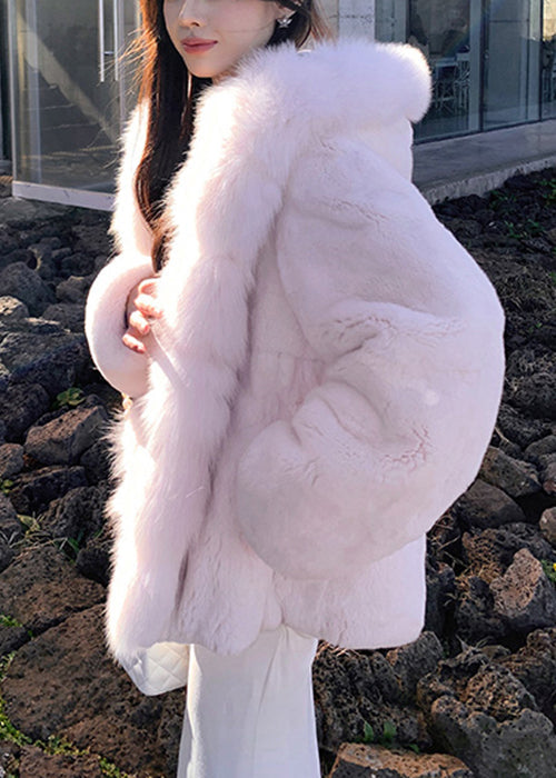 Beige Hooded Fur Collar Mink Hai Coat Spring