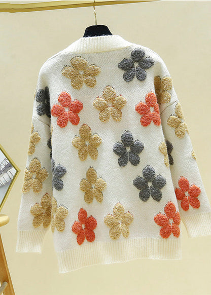 Italian Beige V Neck Embroideried Cozy Knit Cardigans Fall