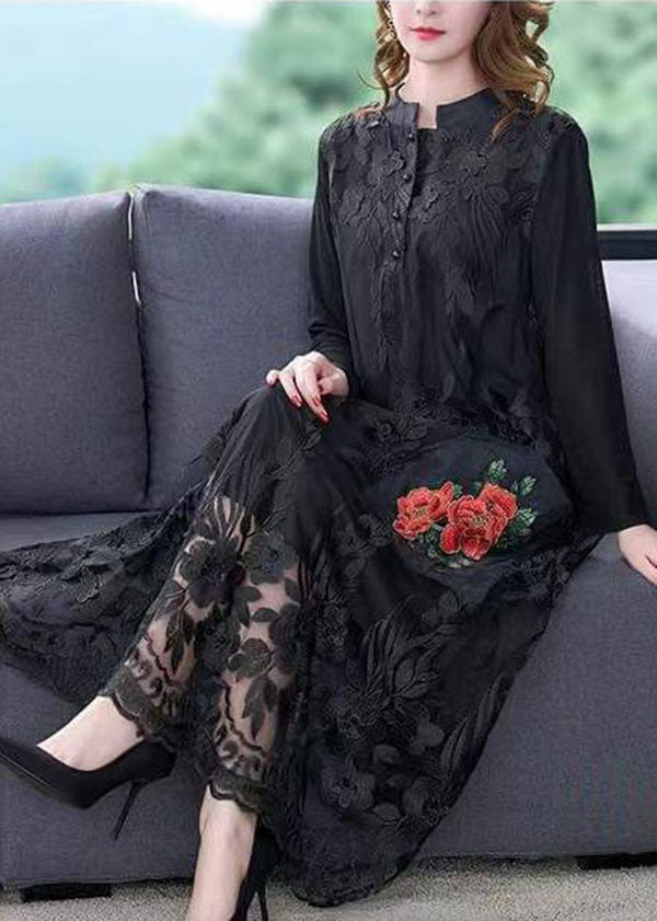 Black O-neck Embroideried Tulle Long Dresses Spring