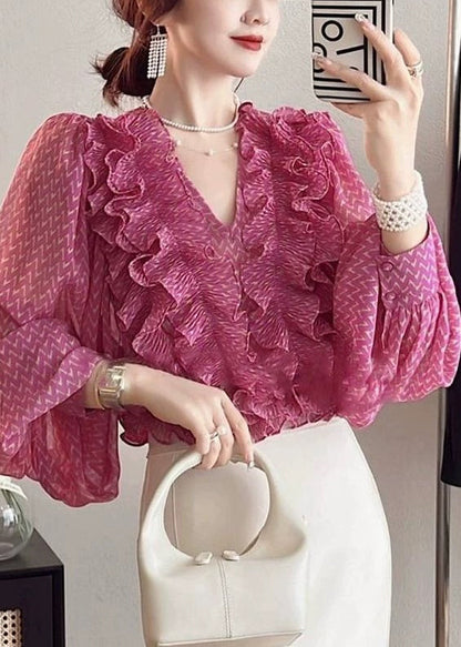 Pink V Neck Ruffled Print Chiffon Shirt Spring
