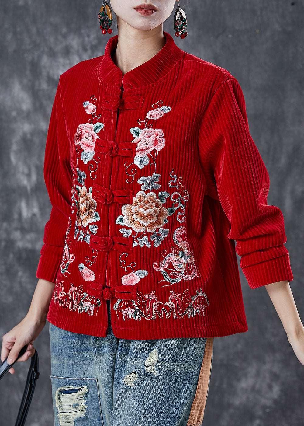 Red Embroideried Corduroy Jackets Spring