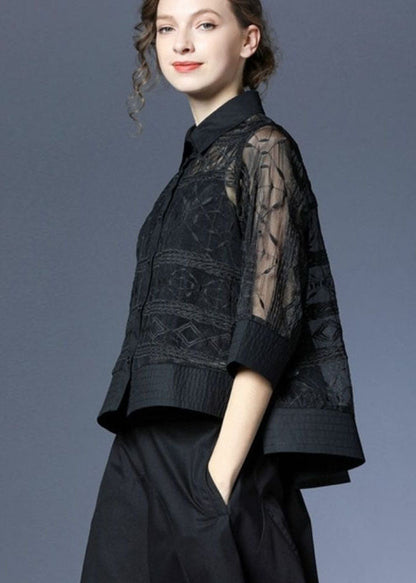 Black Peter Pan Collar Embroideried Tulle Two Pieces Set Summer
