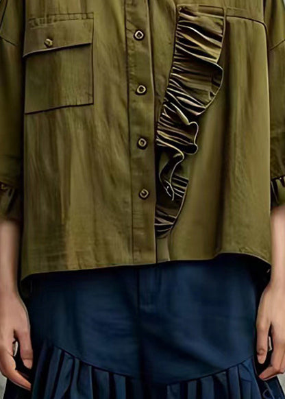 Army Green Ruffled Cotton Blouse Tops Flare Sleeve
