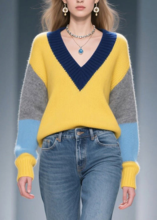 Art Yellow V Neck Patchwork Sweaters Winter
