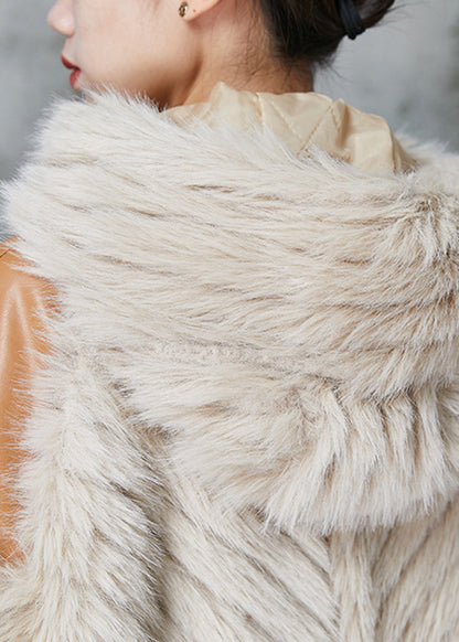 Handmade Apricot Hooded Patchwork Faux Leather and Fur Jacket Winter