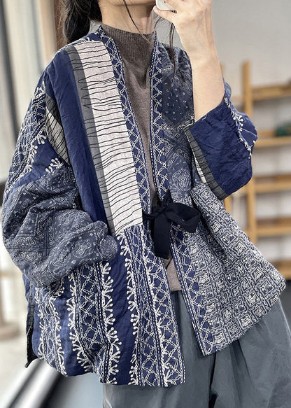 Navy Oversized Print Fine Cotton Filled Jackets Spring