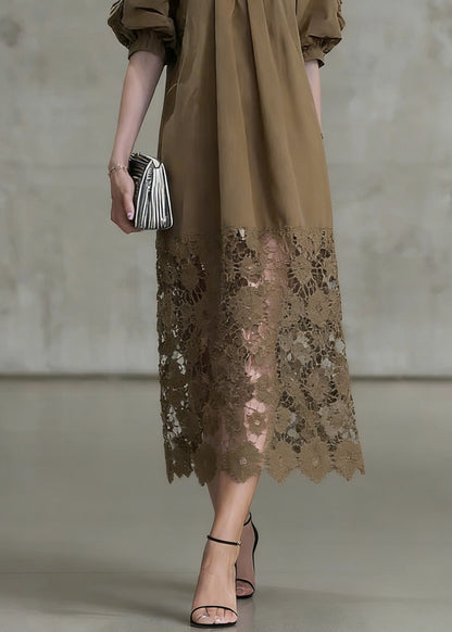 Light Coffee Puff Sleeve Lace Patchwork Cotton Long Dress Summer