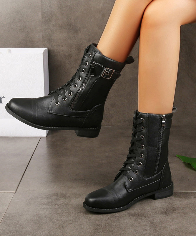 Brown Cross Strap Zippered Splicing Chunky Boots