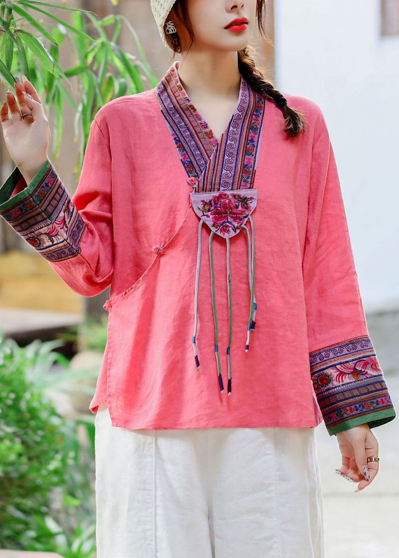 Style Red V Neck Embroideried Patchwork Linen Shirt Tops Spring