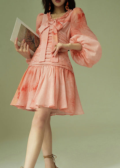 Italian Tie Dye Ruffled Wrinkled Bow Cotton Dress Puff Sleeve