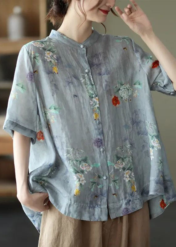 Pink Geometry Print Cotton Shirts Low High Design Short Sleeve