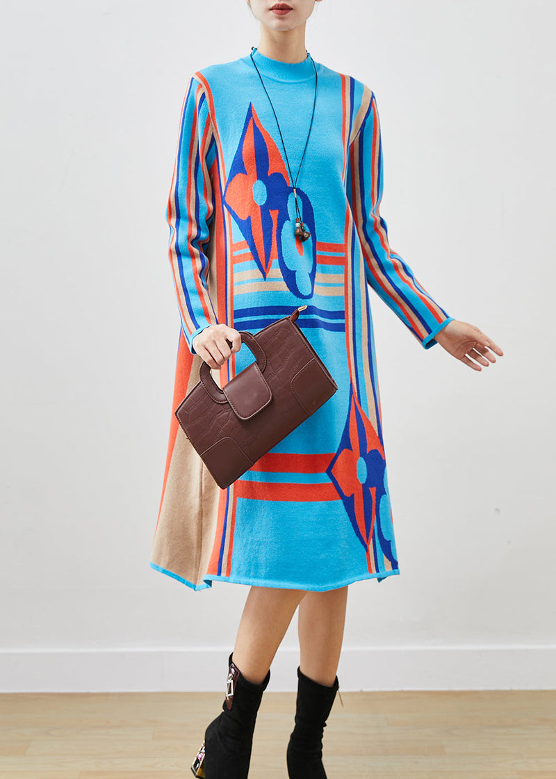 Blue Stand Collar Print Knit a Line Dress Spring
