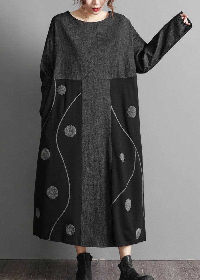 Black Pockets Patchwork Denim Maxi Dresses Embroideried Spring