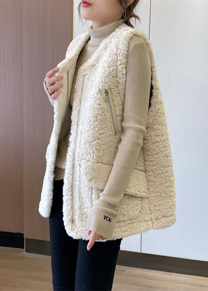 Beige Zip Up Patchwork Faux Fur Teddy Vests Winter