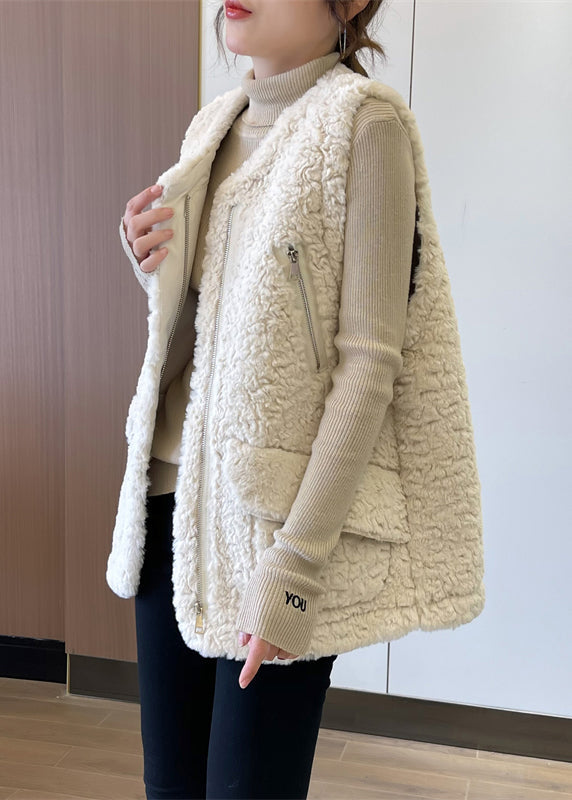 Beige Zip Up Patchwork Faux Fur Teddy Vests Winter