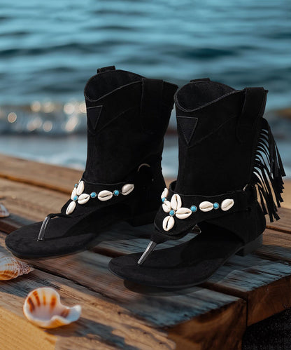 Black Peep Toe Splicing Low Heel Sandals Boots Tasseled