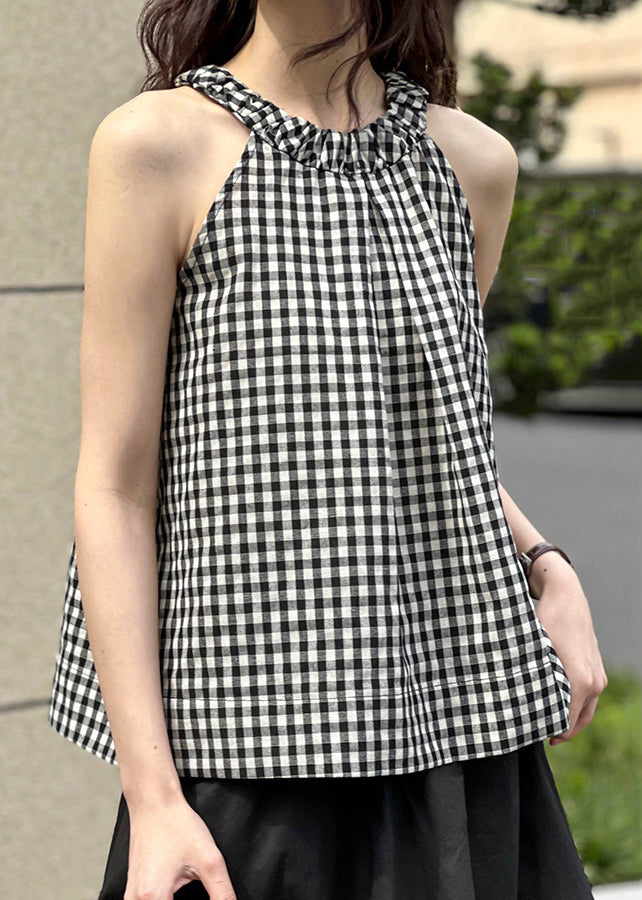French Plaid O-neck Cold Shoulder Cotton Top Sleeveless