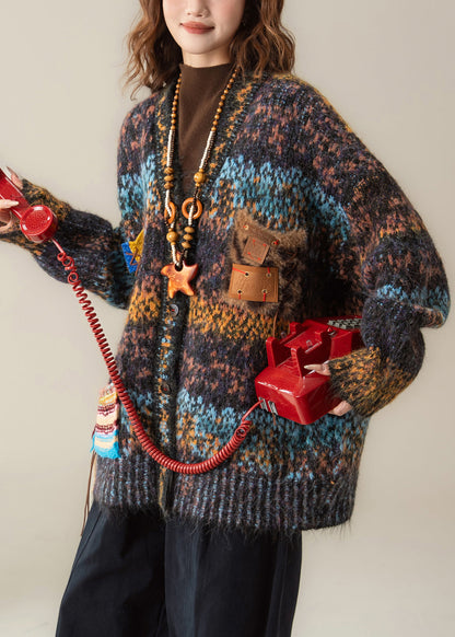Gradient Color V Neck Button Patchwork Knit Coat Spring