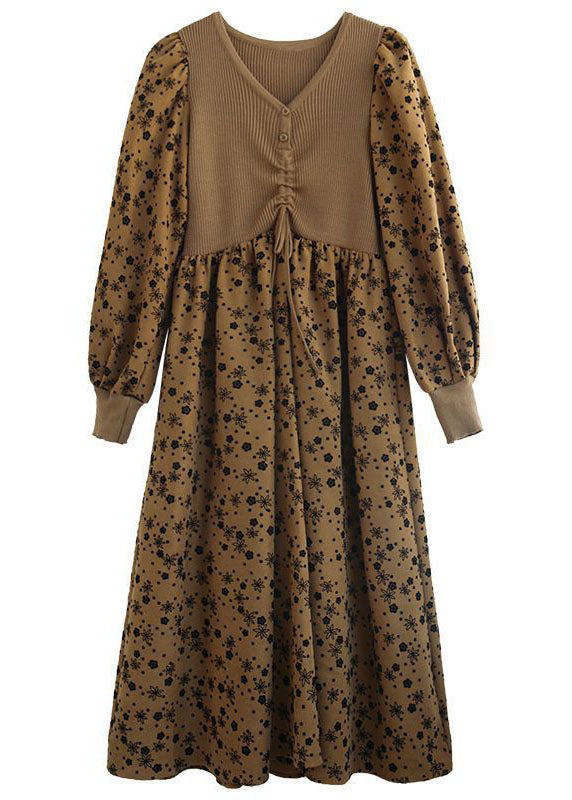 Style Khaki Knit Patchwork Drawstring Print Fall Maxi Dresses Long Sleeve