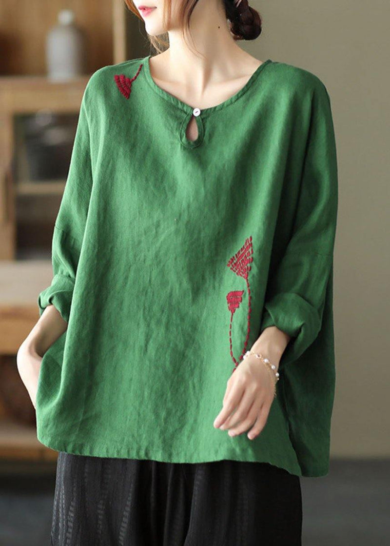 Green Loose Embroideried Fall Linen Shirt Tops Long Sleeve