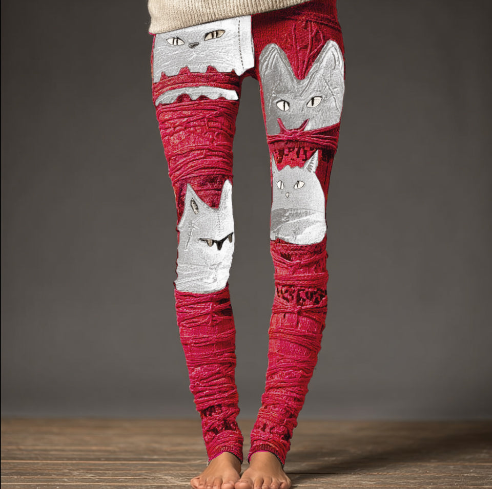 Comstylish Halloween Fun Cat Design Women's Knitted Leggings