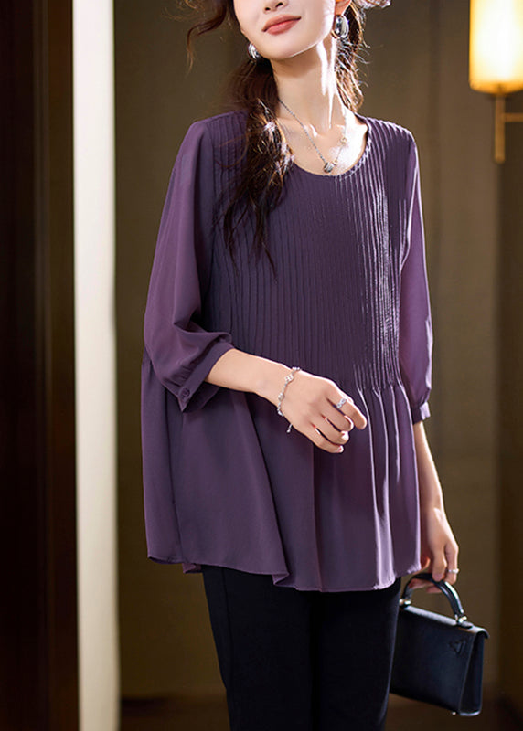 Purple Patchwork Wrinkled Chiffon Shirt Bracelet Sleeve