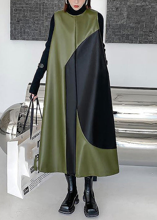 Style Army Green O-neck Patchwork Zippered Party Long Waistcoat Dress Spring
