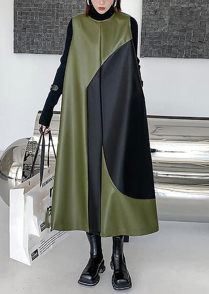 Style Army Green O-neck Patchwork Zippered Party Long Waistcoat Dress Spring