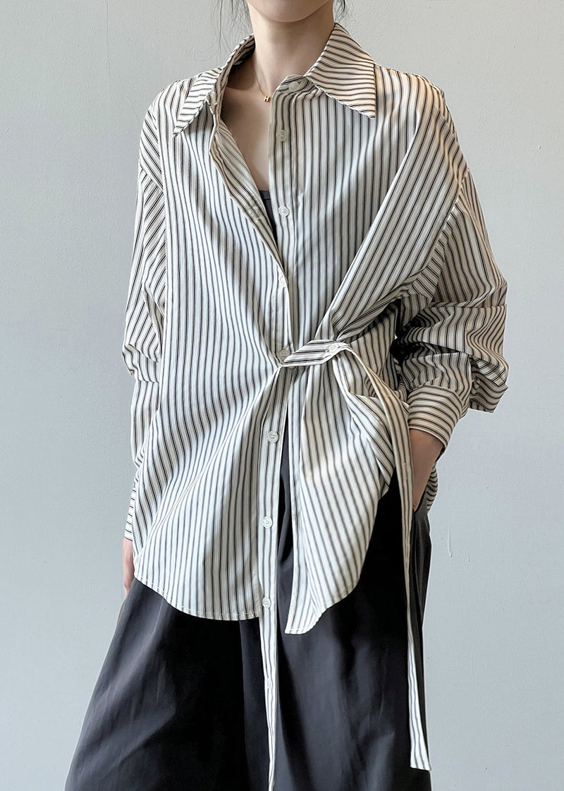 French Peter Pan Collar Striped Button Cotton Shirt Fall