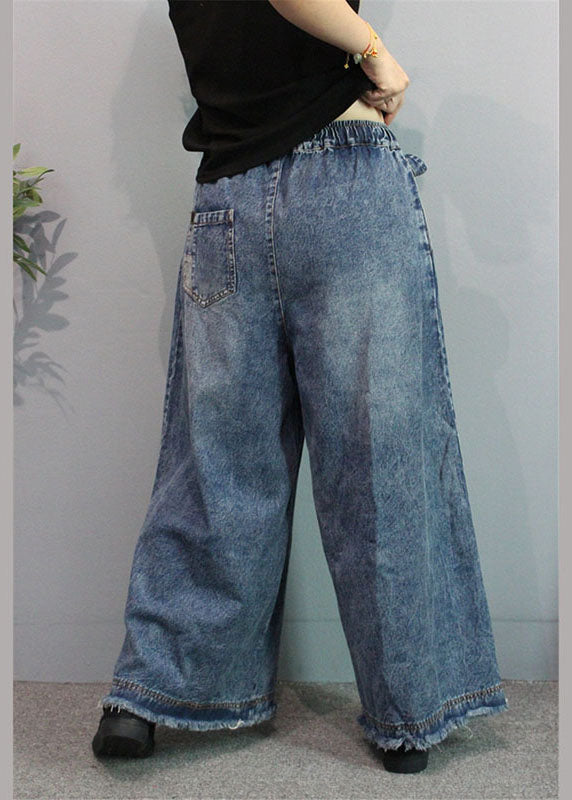 Blue Retro Pockets Tie Waist Fall Wide Leg Denim Pants