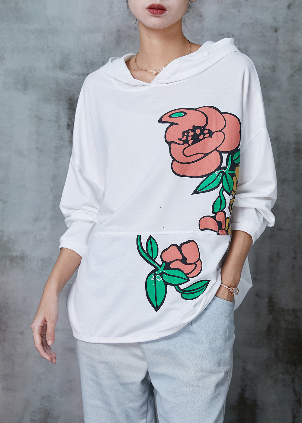 Natural White Hooded Cotton Pullover Spring