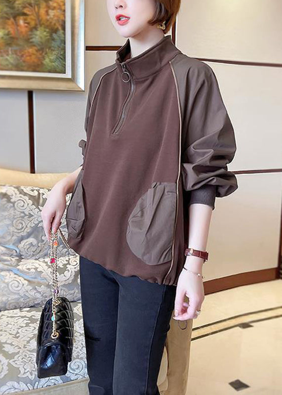 Chocolate Stand Collar Patchwork Zippered Sweatshirts Long Sleeve