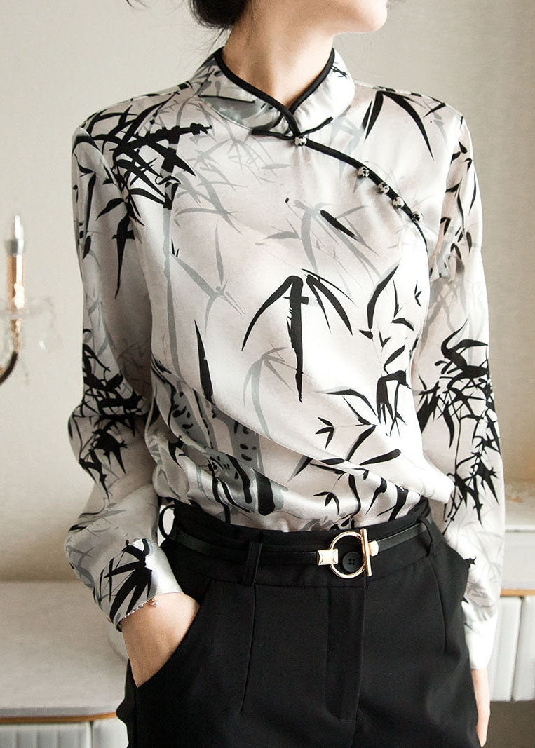 White Mandarin Collar Print Chiffon Shirt Top Spring