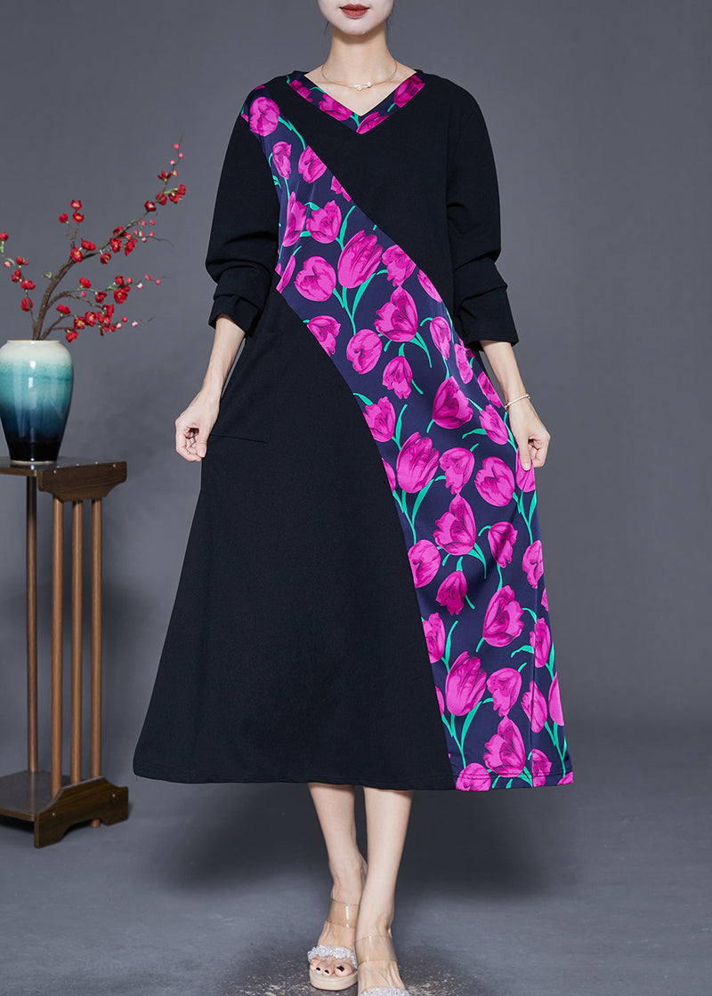 Purple Cotton Dresses Oversized Patchwork Pocket Fall
