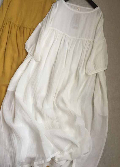 Yellow O-neck Patchwork Wrinkled Long Dresses Short Sleeve