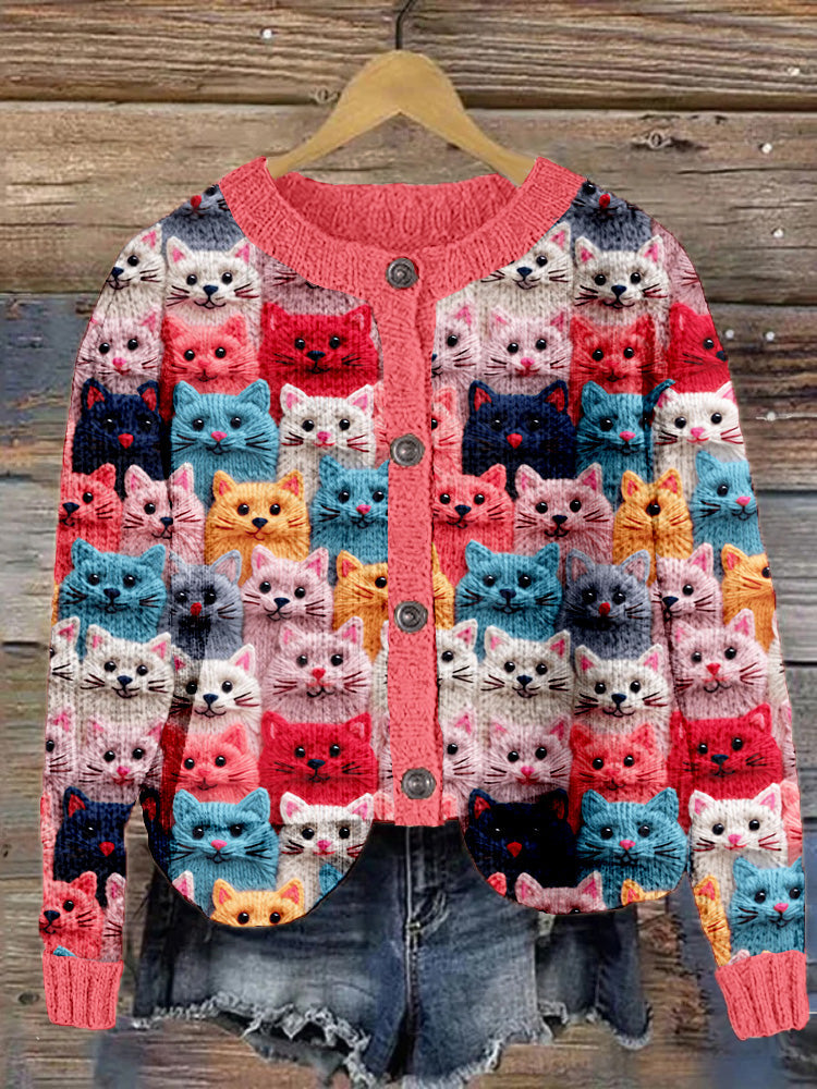 Colorful Cute Cats Embroidered Crew Neck Cozy Cardigan elevenforest