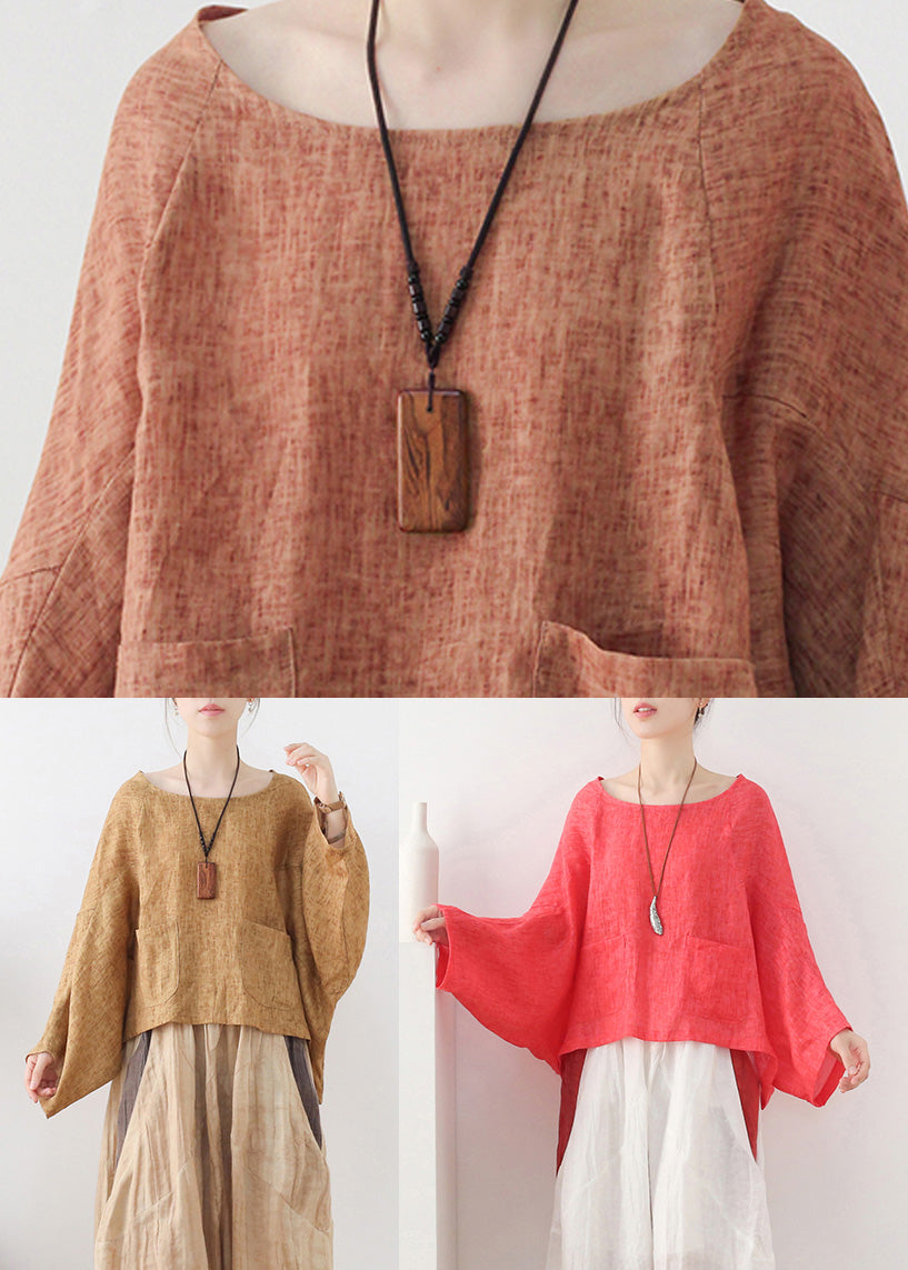 Khaki Linen Loose Pullover Sweatshirt Batwing Sleeve