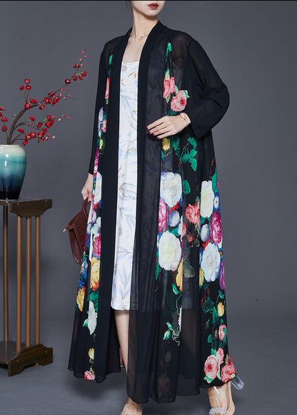 Fine Black Oversized Print Chiffon Upf 50+ Coat Cardigan Spring