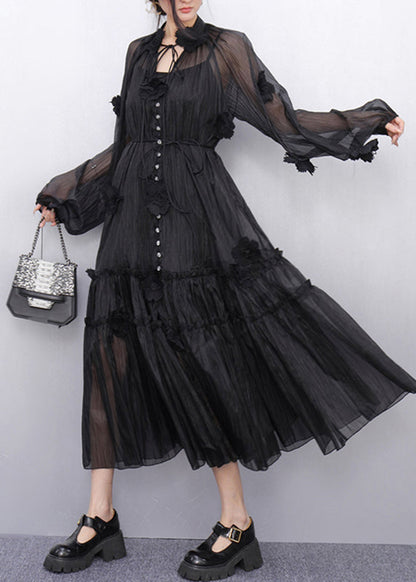 Black Stand Collar Ruffled Chiffon Long Dresses Fall
